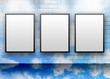 Three Blank White Displays on Cloud Wall Three Blank White Displays on Cloud Wall