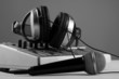 Microphone, mixer and headphones