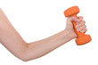 Female hand holding a dumbbell isolated on white. Female hand holding a dumbbell isolated on white.