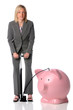 Businesswoman Blowing Up Piggy Bank Businesswoman Blowing Up Piggy Bank