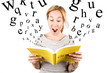 attractive young woman amazed in reading a book
