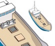 Isometric drawing of fisher boat and trawler for spiny lobster