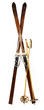 Pair of old wooden alpine skis isolated on white