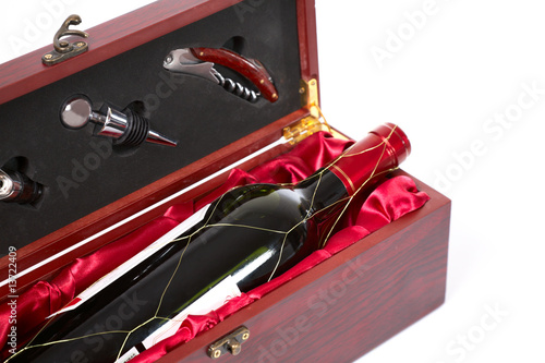 bottle of wine in box with accessories