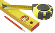 Measuring tape, building level and pencil