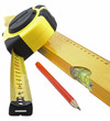 Measuring tape, level and pencil