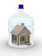 Wooden small house in a glass bottle. Isolated 3D image