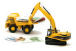 Bagger und Muldenkipper mit Geld