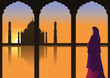 Vector: Woman in Traditional Sari Dress looking at Taj Mahal. Woman in Traditional Sari Dress looking at Taj Mahal.