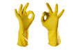 ok sign yellow rubber gloves on white with clipping path