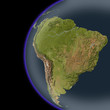 South America from space, shaded relief map.