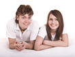 Happy man and young woman. Isolated.