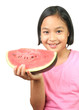 Young girl posting with watermelon.