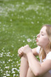 Maedchen, blond, 13 Jahre, Wiese, Pusteblume, blasen