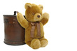 Old case with teddy bear isolated against a white background