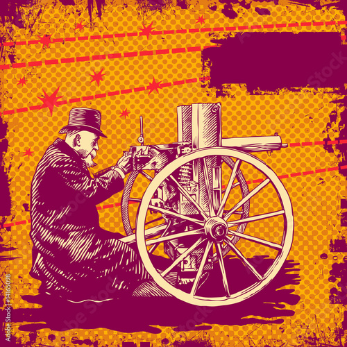 Illustration: background with elderly man with a machine gun background with elderly man with a machine gun