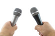 Hand with wireless microphone isolated on white background