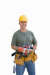 Male builder with hardhat and electric drill, smiling, portrait, cut out