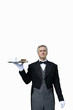 Mature butler with tray of tea, cut out