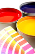 Photo: Printing press inks, cyan, magenta, yellow Printing press inks, cyan, magenta, yellow