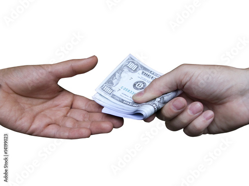 Photo: Hands exchanging one hundred dollar bills, cut out Hands exchanging one hundred dollar bills, cut out