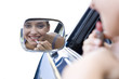 girl putting on lipstick in car mirror, cut out
