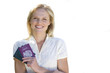 woman holding passports, cut out