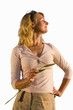 woman with eyes closed holding ear of corn, cut out