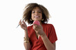 young woman looking in mirror applying makeup, cut out