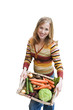 woman holding basket of vegetables, cut out