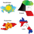isolated asian flags in map shape