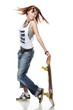 Smiling girl standing with skateboard on white background