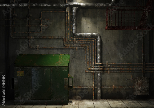 Photo: grungy pipes and dumpster background grungy pipes and dumpster background