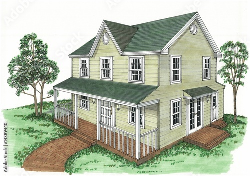 Illustration: 住宅パース、コロニアル 住宅パース、コロニアル
