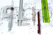 Micrometer, Caliper, Pencil, Compass and ruler on Blueprint