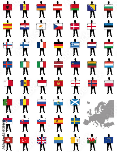 all european flags vector illustration of a man holding a flag