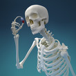 Skeleton examining a pill with medicine