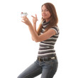 Young woman with hose model in hands