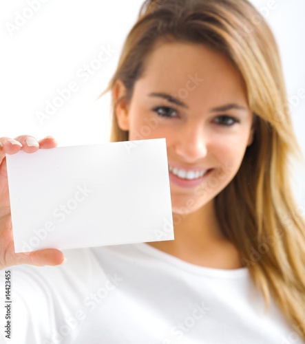 Photo: young blond portrait girl with withe card young blond portrait girl with withe card