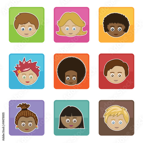 square icons with children's faces