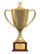 Gold trophy cup on wood pedestal Gold trophy cup on wood pedestal