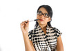 Asian lady thinking with highlighter next to lips