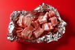 Pig, pork raw meat pieces over red