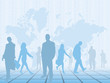 Business people and behind, map of the world Business people and behind, map of the world