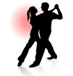 Vector silhouette of couple dancing tango with red sun.