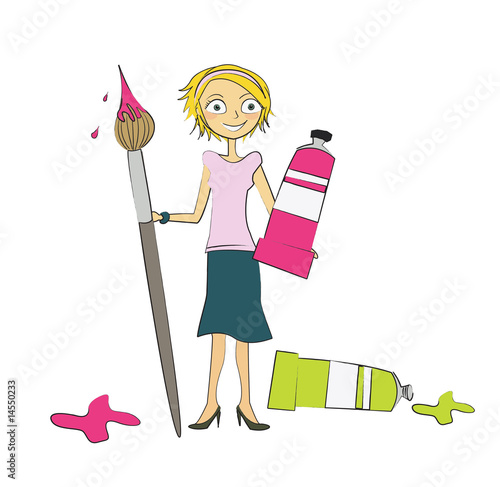 femme pinceau tubes rose et vert femme pinceau tubes rose et vert