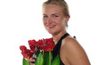 woman with tulips and revolver isolated on white background