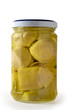 Glass jar of preserved artichokes (vertical closeup) Glass jar of preserved artichokes (vertical closeup)