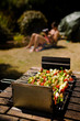 Vegetable Barbecue Shish-kebab sunbathing woman Vegetable Barbecue Shish-kebab sunbathing woman