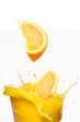 Orange slices fall in juice Orange slices fall in juice